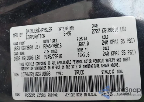 2006 Dodge Dakota St z USA, uszkodzony, nr VIN 1D7HW22K16S716808
